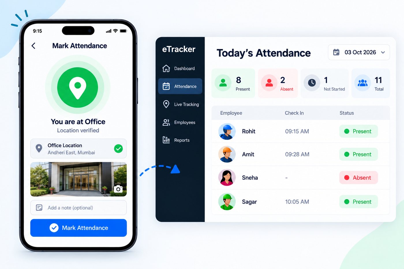 Employee marking attendance at the office with verified location, and the admin view of today's attendance