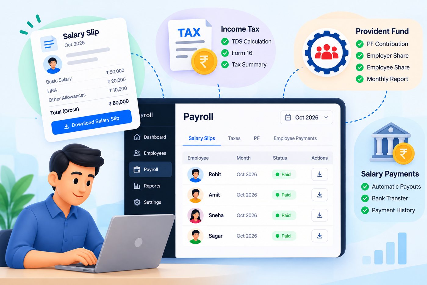 Payroll console with salary slips, income tax, provident fund and salary payment details