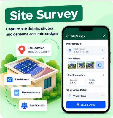 SolarEPCFlow site survey app capturing site location, roof photos, roof dimensions and obstructions